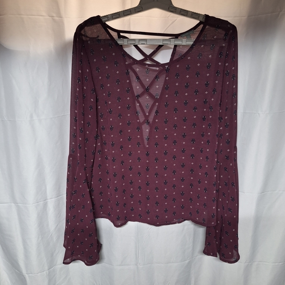 Charlotte Russe Burgundy Floral Blouse Semi-sheer Bell Sleeves